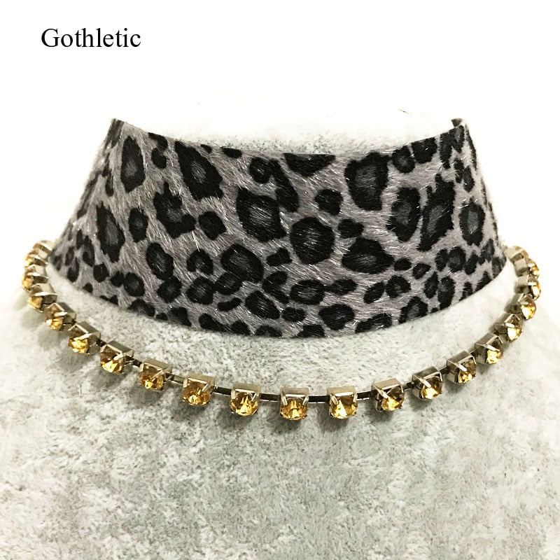 Gothleitc 2021 Leopard Print Fabric Wide Statement Choker Rhinestone Chain Drop CollarNecklace for Women Hip Hop Jewelry