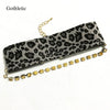 Gothleitc 2021 Leopard Print Fabric Wide Statement Choker Rhinestone Chain Drop CollarNecklace for Women Hip Hop Jewelry