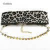 Gothleitc 2021 Leopard Print Fabric Wide Statement Choker Rhinestone Chain Drop CollarNecklace for Women Hip Hop Jewelry