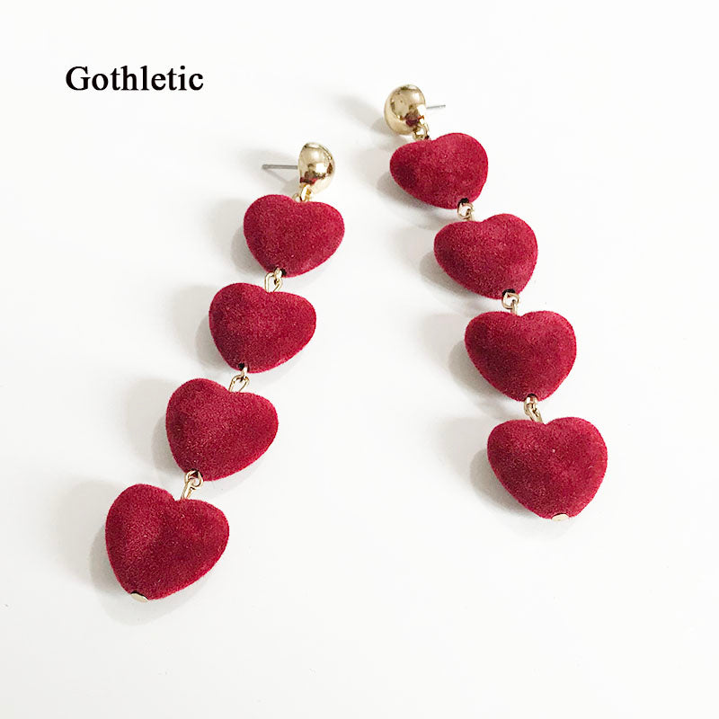 Velvet Heart Earrings for Women 4 Love Hearts Long Dangling Earrings Burgundy Statement Earrings Fashion Jewelry