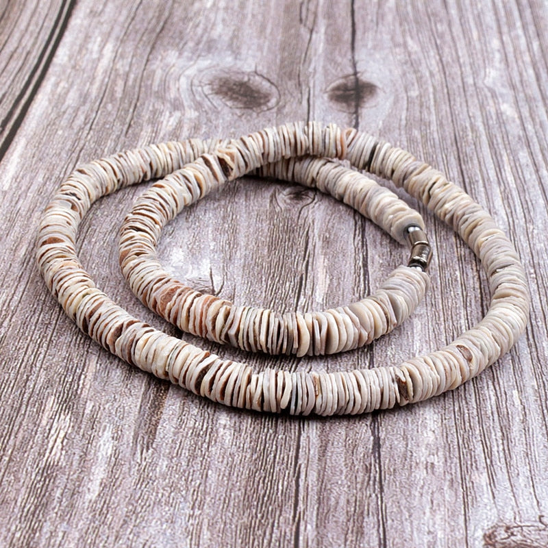 Gray Shell Necklace for Men & Women, Real Seashell Necklaces with Round Clam Chip Shell Beads,Hawaiian Surfer Jewelry