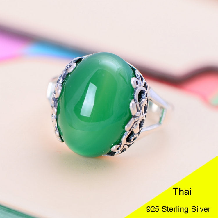 Green Agate & Red Garnet 925 Sterling Silver Retro Ring Women Thai Silver Fine Jewelry Gift Finger Ring CH051015