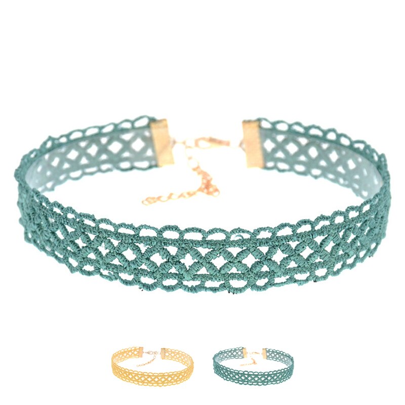 Green Aqua Yellow Korean Cute Student Girl Tattoo Hollowed Cloth Lace Chokers Necklaces for Women Bohemia Pendant