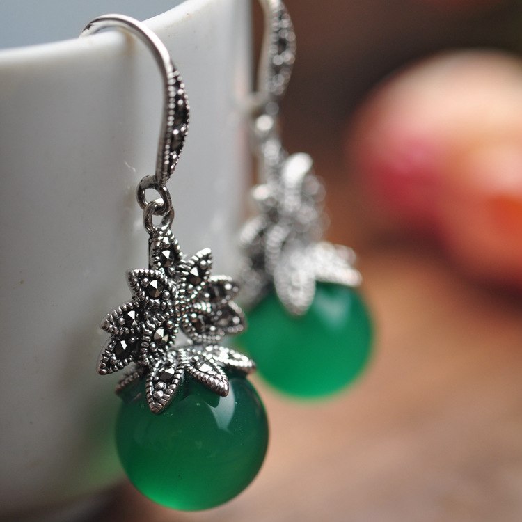 Green & Black Agate 925 Sterling Silver Flower Ball Drop Earring Women Thai Silver Gift Brincos Aretes CH020209