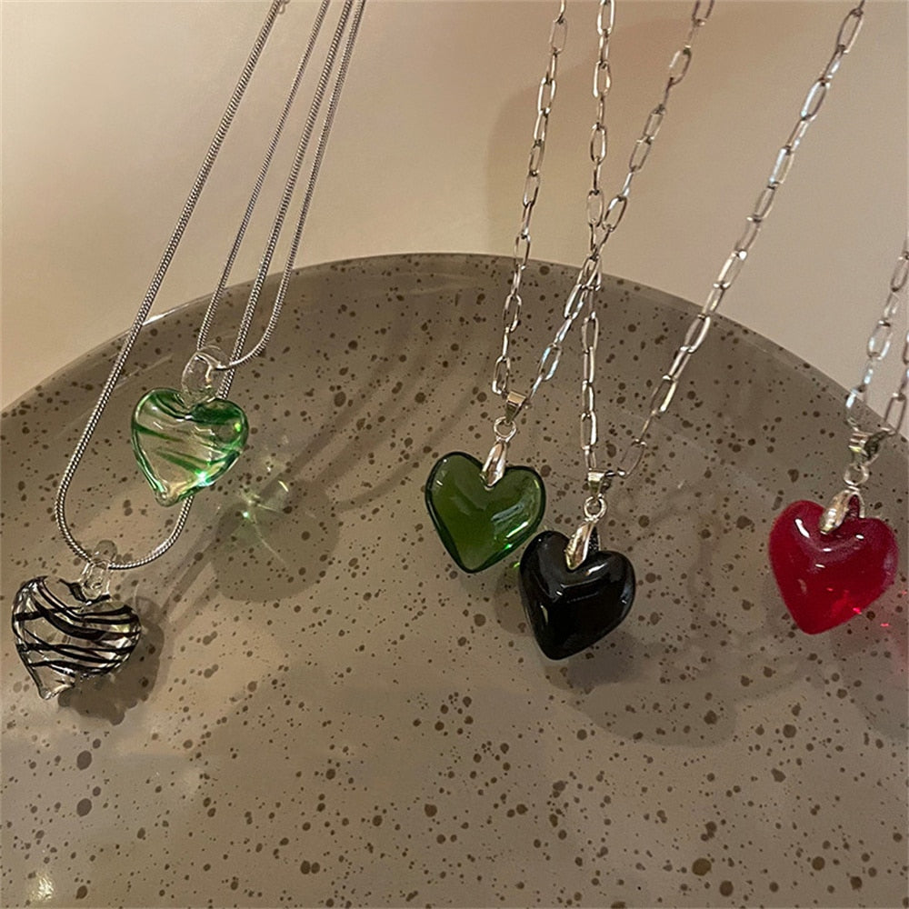 Green Black Zebra-Stripe Glass Heart Pendant Titanium Steel Chain Necklaces for Women Chokers Unusual Necklace Aesthetic Jewelry