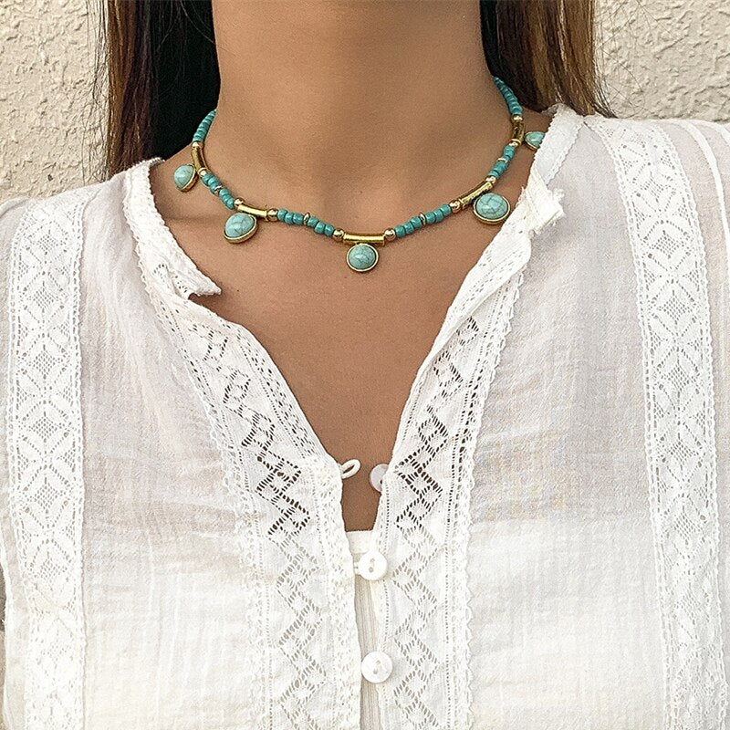 Green Color Stone Tassel Pendant Necklaces Boho Seed Beaded Chain Choker Necklaces Collar for Women Neck Jewelry
