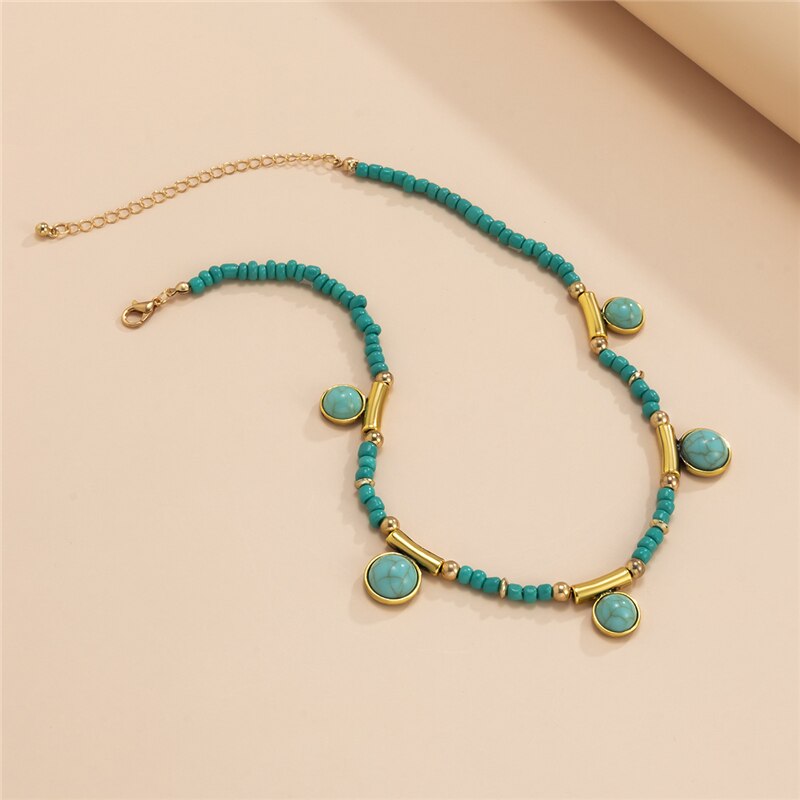 Green Color Stone Tassel Pendant Necklaces Boho Seed Beaded Chain Choker Necklaces Collar for Women Neck Jewelry
