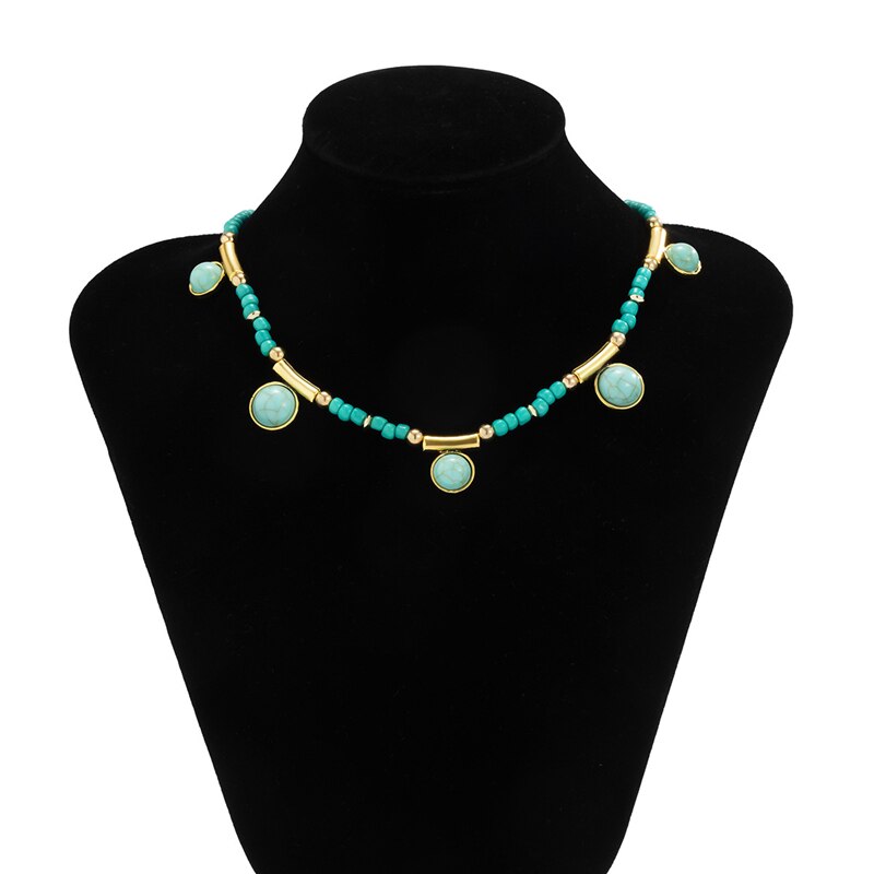 Green Color Stone Tassel Pendant Necklaces Boho Seed Beaded Chain Choker Necklaces Collar for Women Neck Jewelry