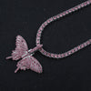 Green Crystal Butterfly Pendant 1 Row Tennis Chain Pink Charm Hip Hop Women's Necklace Men's Blue Silver Color Iced Out Jewelry