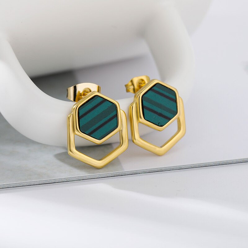 Green Golden Stud Earrings For Women Stainless Steel Nature Malachite Earring 2023Trend Korean Couple Jewelry Gift
