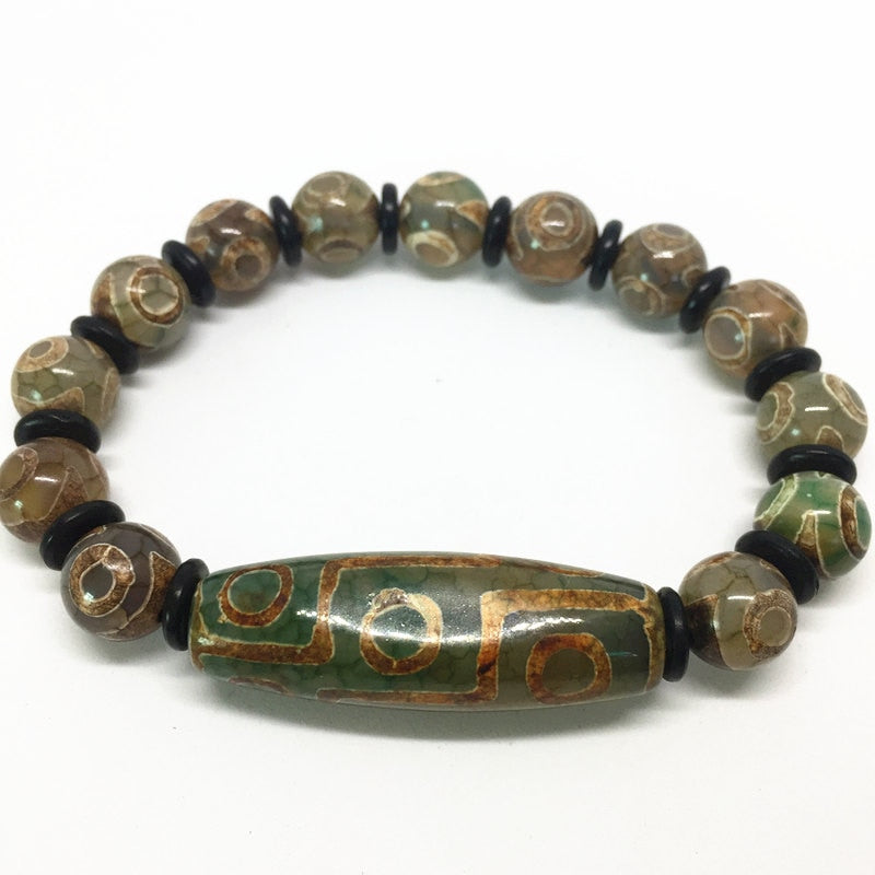 Green Natural Agate 9 eyes Pattern Tibetan Dzi Beads elastic Bracelet with Coconut Shell for women