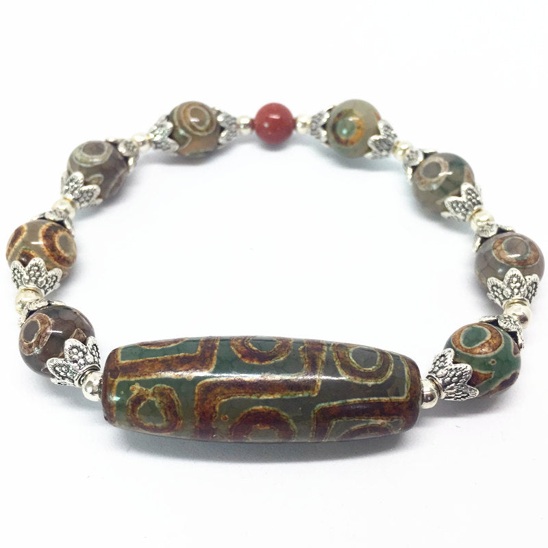 Green Natural Agate 9 eyes Pattern Tibetan Dzi Beads elastic Bracelet with accessory for women