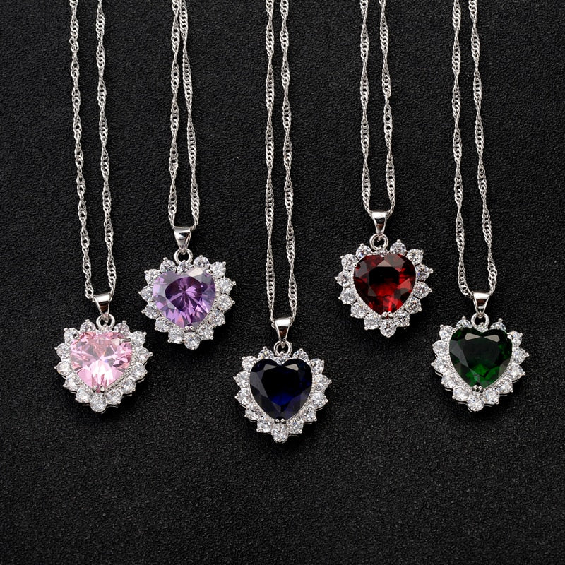 Green Pink Red Blue and Purple 5 Colors Pick AAA CZ Zircon with Rhinestone Heart Pendant Fine Wave Chain Necklace for Women
