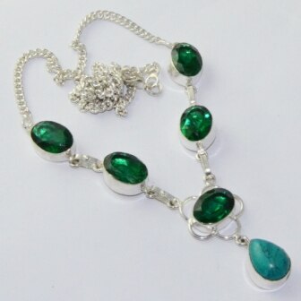 Green Quarts & Turquois    Necklace   Silver Overlay over Copper,  52 cm, N1959