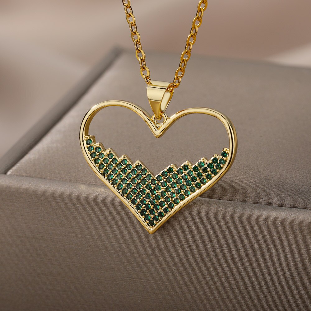 Green Red Blue Zircon Heart Necklace For Women Girls Romantic Crystal Pendant Necklaces Stainless Steel Couple Jewerly collar