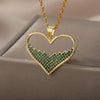 Green Red Blue Zircon Heart Necklace For Women Girls Romantic Crystal Pendant Necklaces Stainless Steel Couple Jewerly collar