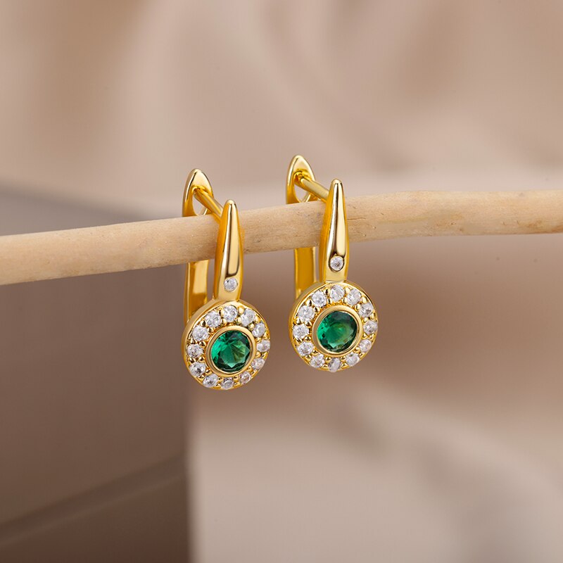 Green Round Zircon Stud Earrings for Women Stainless Steel Couple Earrings Trend 2023 Wedding Piercing Jewelry pendientes mujer