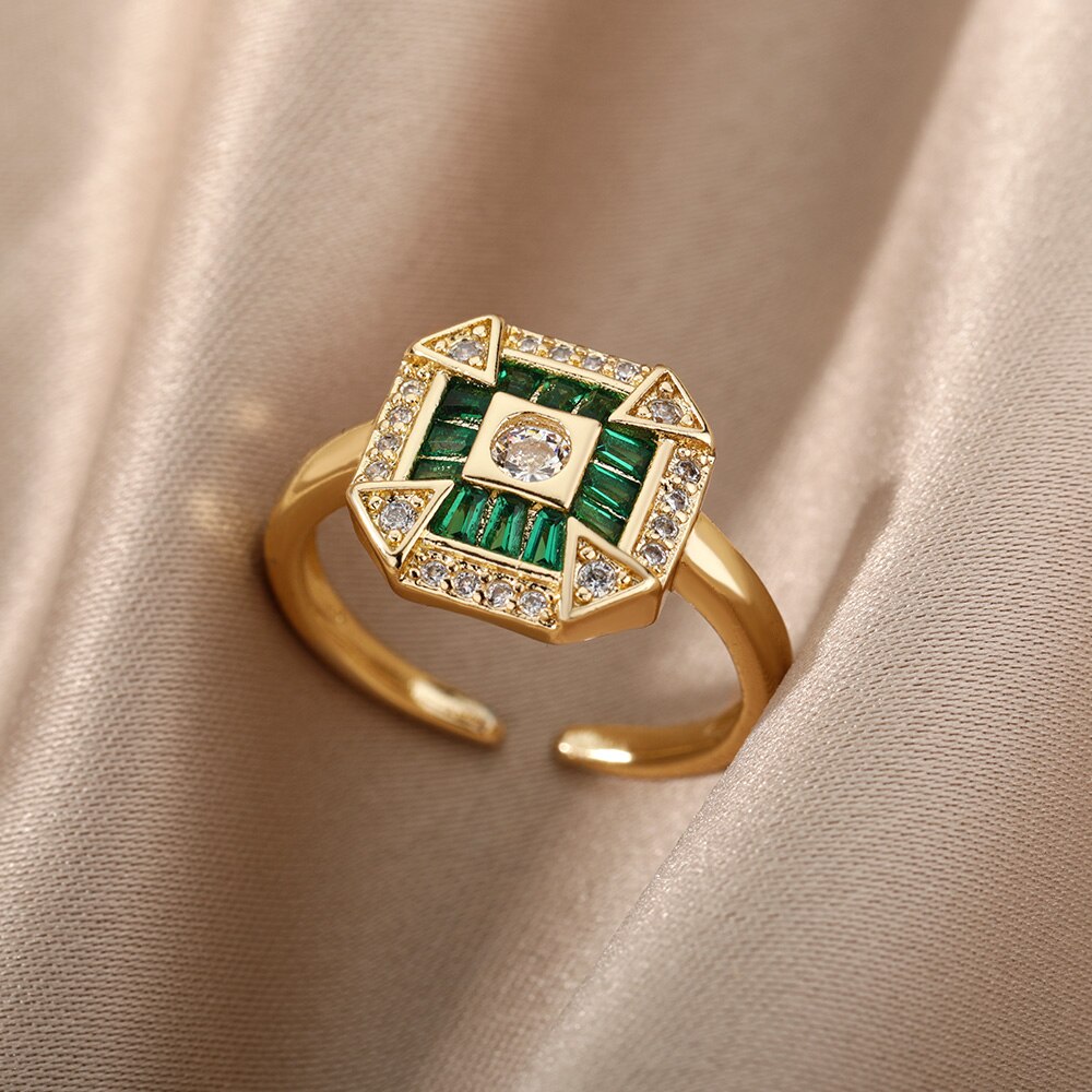 Green Square Zircon Rings For Women Stainless Steel Religious Style Crystal Ring 2023 Trend Boho Aesthetic Jewelry anillos mujer