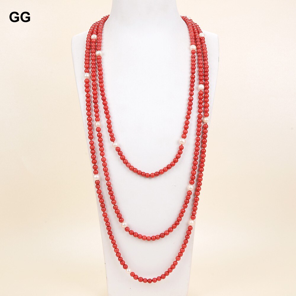 GuaiGuai Jewelry 100" Natural Freshwater White Round Pearl Red Smooth Round Coral Beads Long Necklace For Women