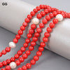 GuaiGuai Jewelry 100" Natural Freshwater White Round Pearl Red Smooth Round Coral Beads Long Necklace For Women