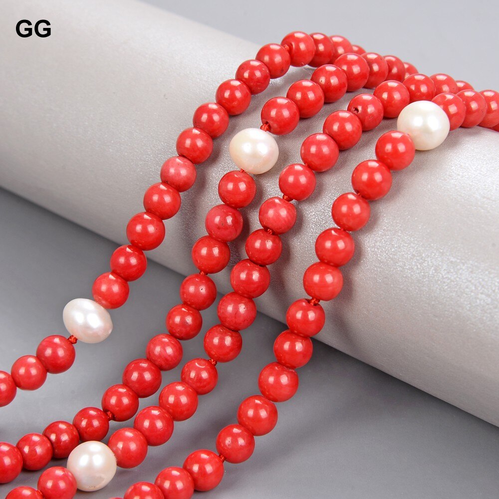 GuaiGuai Jewelry 100" Natural Freshwater White Round Pearl Red Smooth Round Coral Beads Long Necklace For Women