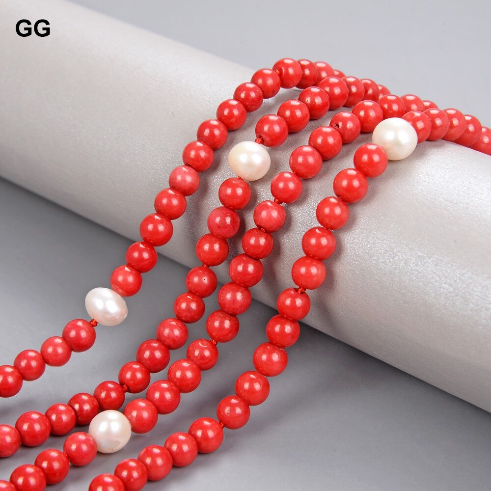 GuaiGuai Jewelry 100" Natural Freshwater White Round Pearl Red Smooth Round Coral Beads Long Necklace For Women