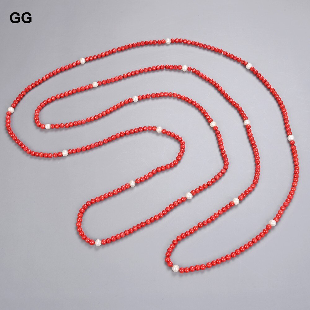 GuaiGuai Jewelry 100" Natural Freshwater White Round Pearl Red Smooth Round Coral Beads Long Necklace For Women
