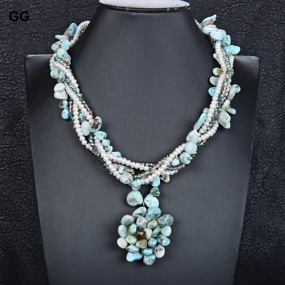 GuaiGuai Jewelry 5 Strands Natural White Pearl Blue Larimar Crystal Pendant Necklace