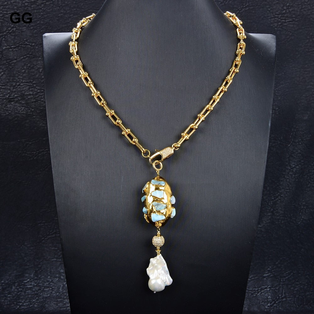 GuaiGuai Jewelry Gold Color Plated Chain Statement Necklace Blue Larimar Freshwater White Keshi Pearl Pendant Necklace For Women