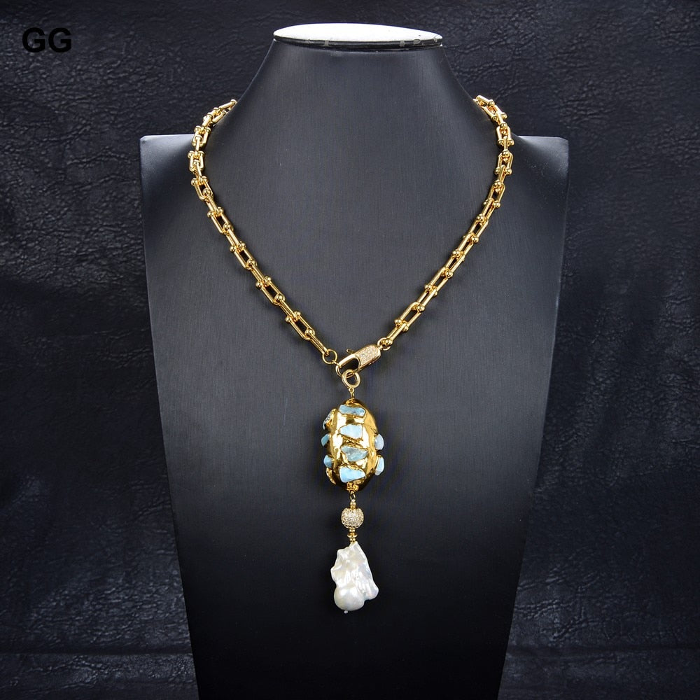 GuaiGuai Jewelry Gold Color Plated Chain Statement Necklace Blue Larimar Freshwater White Keshi Pearl Pendant Necklace For Women