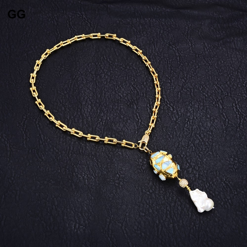 GuaiGuai Jewelry Gold Color Plated Chain Statement Necklace Blue Larimar Freshwater White Keshi Pearl Pendant Necklace For Women