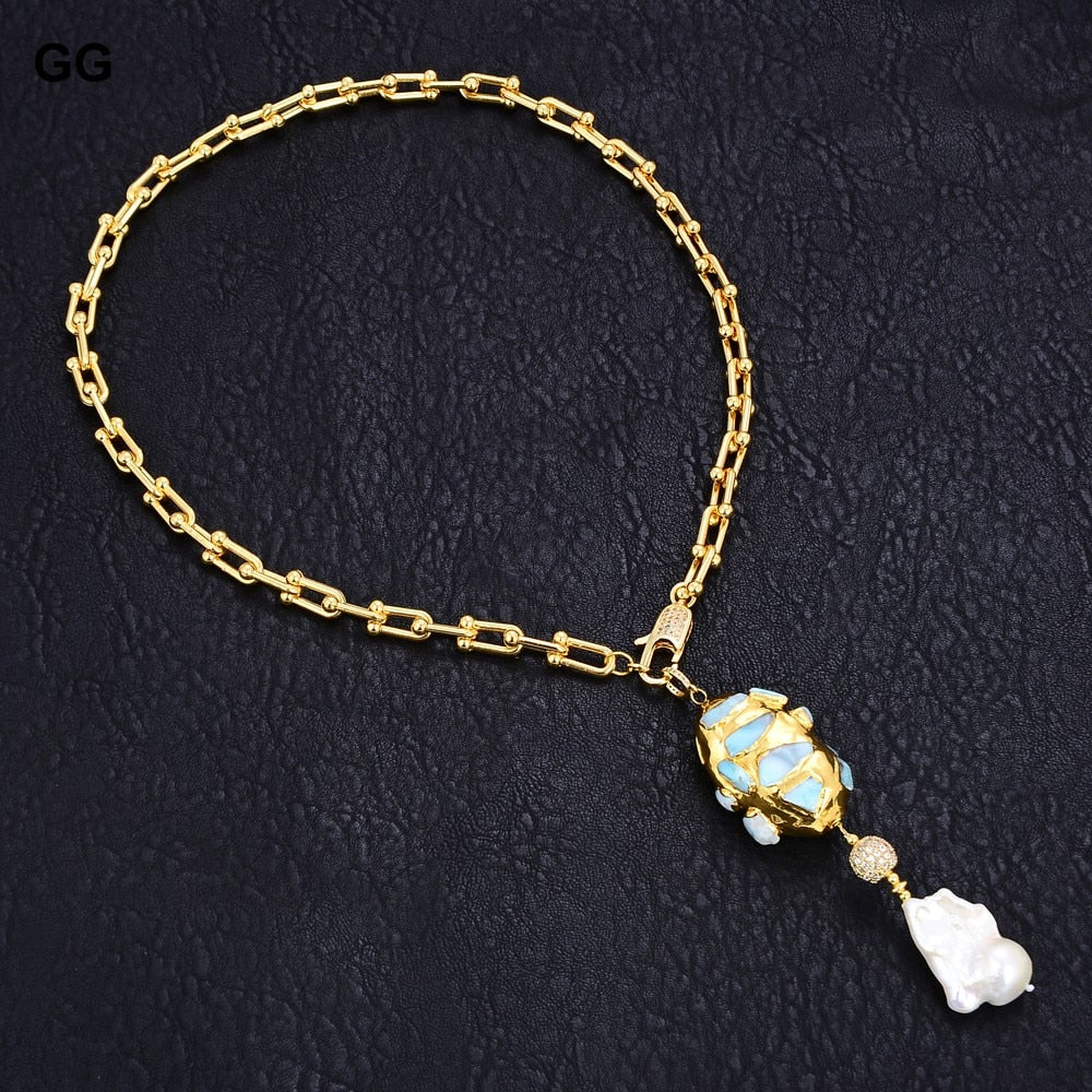 GuaiGuai Jewelry Gold Color Plated Chain Statement Necklace Blue Larimar Freshwater White Keshi Pearl Pendant Necklace For Women