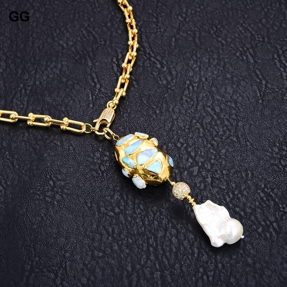 GuaiGuai Jewelry Gold Color Plated Chain Statement Necklace Blue Larimar Freshwater White Keshi Pearl Pendant Necklace For Women