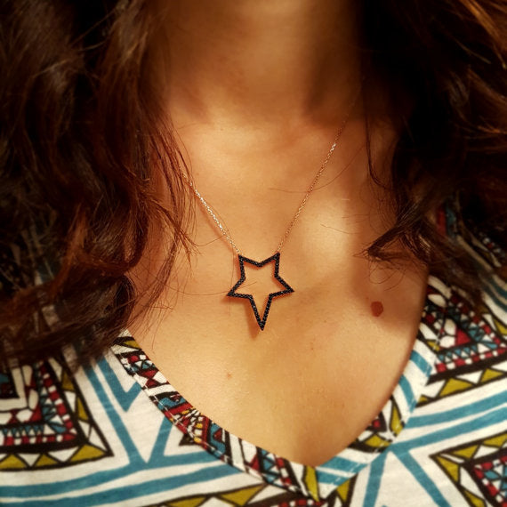 Guarantee 925 sterling silver Gold rose gold black cubic zirconia cz color openwork star pendant Gold chain girl necklace 925