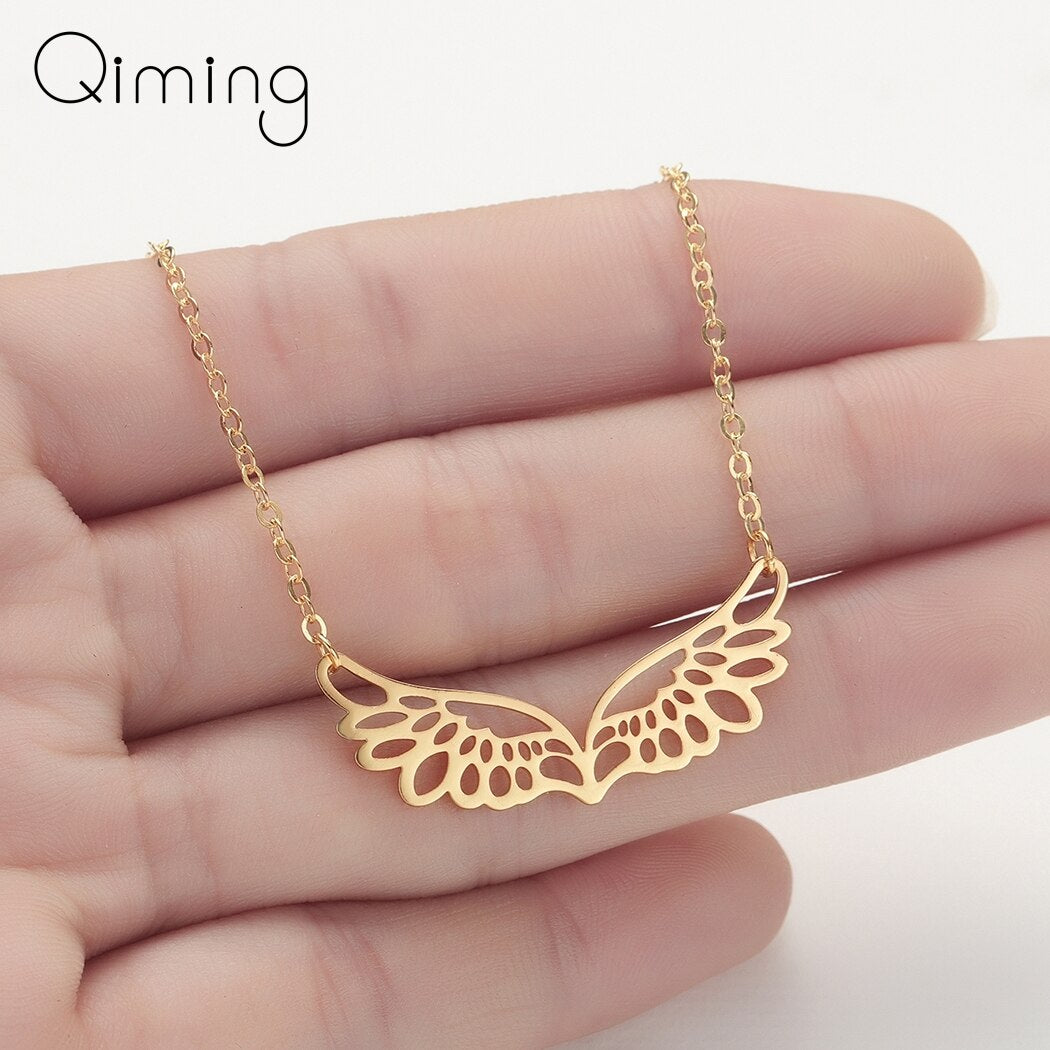 Guardian Angel Wings Pendant Necklace for Women Men Stainless Steel Jewelry Statement Necklace Feather Collar Necklace