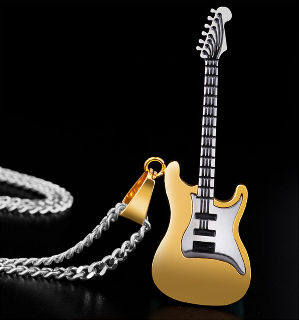 Guitar Necklace For Men/Women Music Lover Gift Black/Gold Color Stainless Steel Pendant &amp; Chain Hip Hop Rock Jewelry
