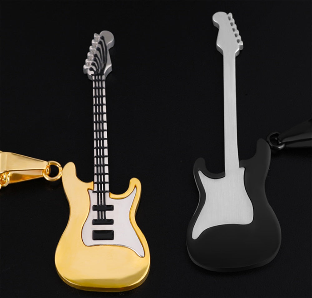 Guitar Necklace For Men/Women Music Lover Gift Black/Gold Color Stainless Steel Pendant &amp; Chain Hip Hop Rock Jewelry