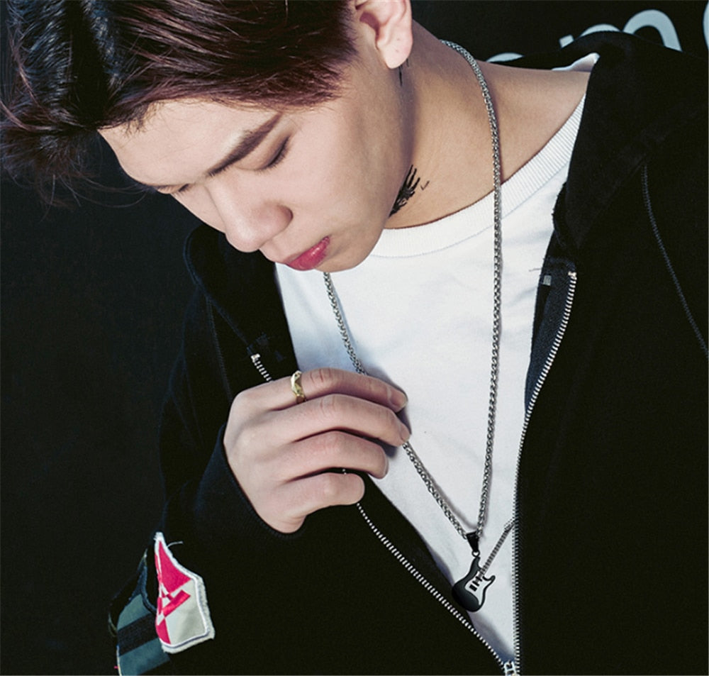 Guitar Necklace For Men/Women Music Lover Gift Black/Gold Color Stainless Steel Pendant &amp; Chain Hip Hop Rock Jewelry