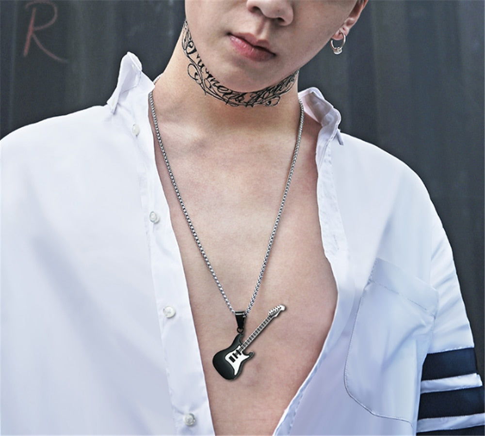 Guitar Necklace For Men/Women Music Lover Gift Black/Gold Color Stainless Steel Pendant &amp; Chain Hip Hop Rock Jewelry