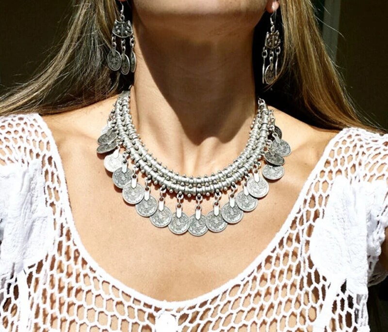 Gypsy Bohemian Beachy Chic Coin Bib Statement Necklace Festival Tibetan Silver Color Tribal Ethnic  Jewelry Turkish Accessorie