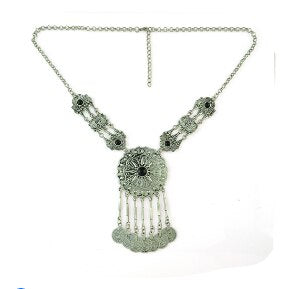 Gypsy Bohemian Beachy Chic Statement Long Tassel Necklace Boho Festival Silver Fringe Bib Coin Ethnic Turkish India Tribal