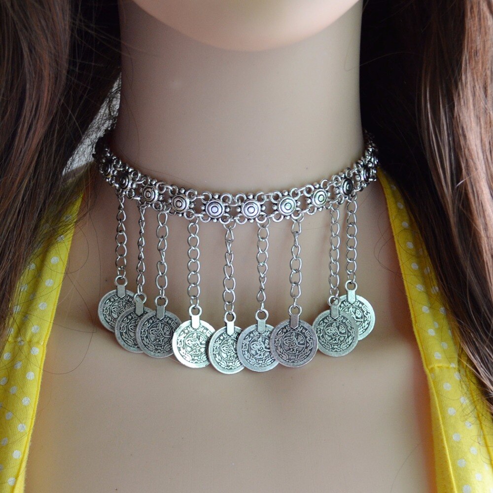 Gypsy Boho Tribal Vintage Silver Color Coin Tassel Collar Bib Chunky Chocker Necklaces Statement For Women India Afghan Jewelry