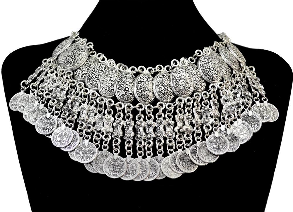 Gypsy Coin Tassel Necklaces for Women Vintage Silver Color Alloy Statement Collar Necklace Vintage Turkish Indian Jewelry Gift
