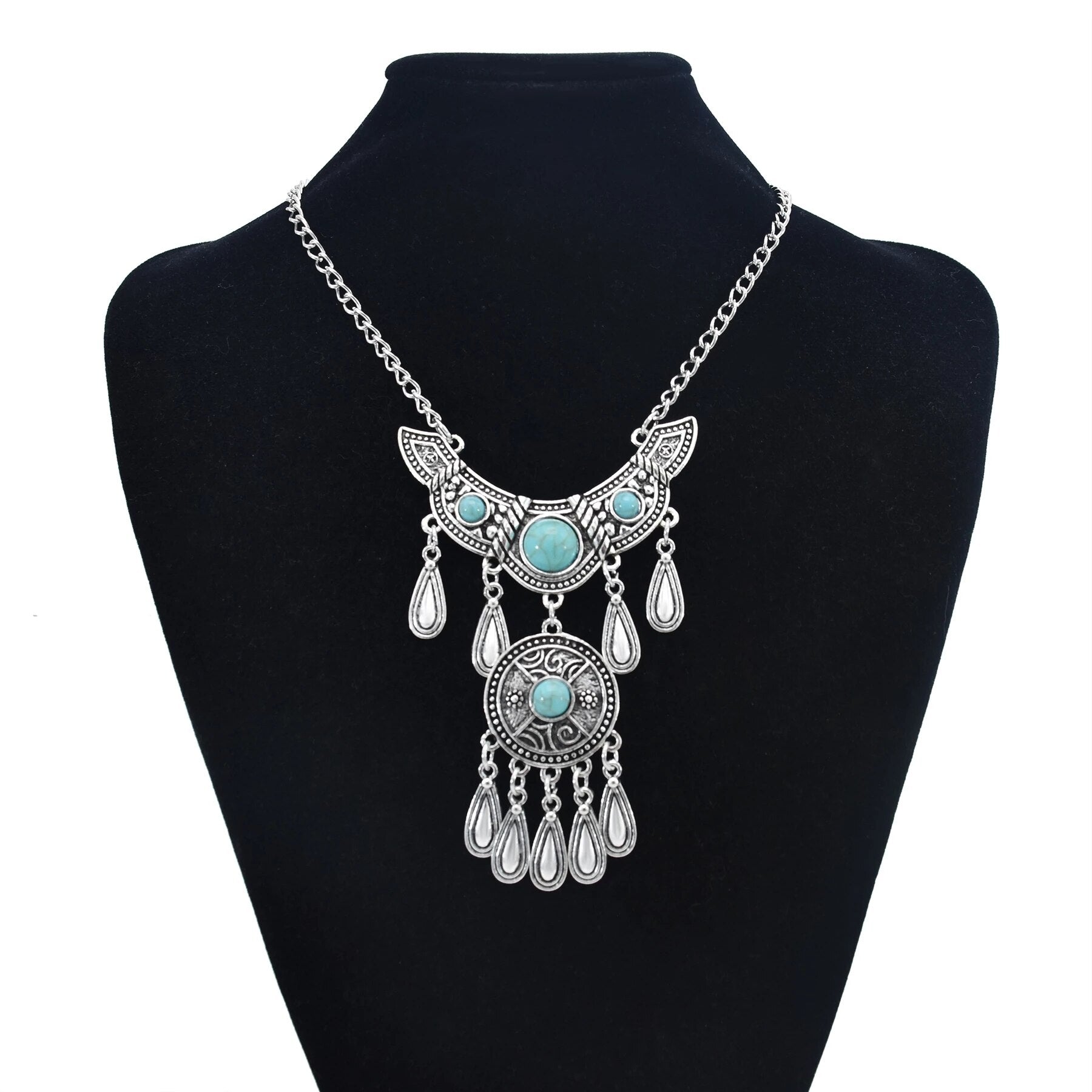 Gypsy Vintage Silver Metal Geometric Turquoise Red Blue Stone Pendant Necklace Suitable for Women Bohemian Ethnic Party Jewelry