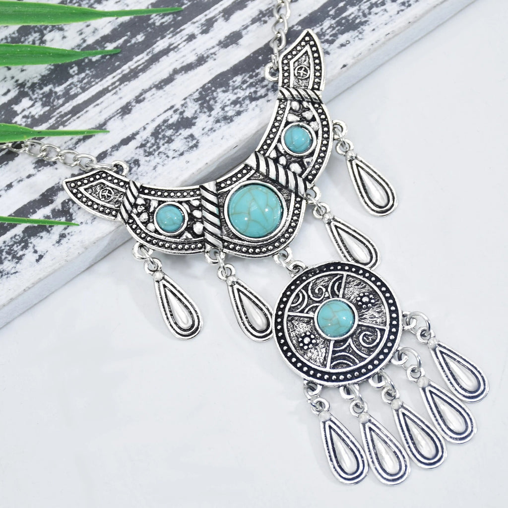 Gypsy Vintage Silver Metal Geometric Turquoise Red Blue Stone Pendant Necklace Suitable for Women Bohemian Ethnic Party Jewelry