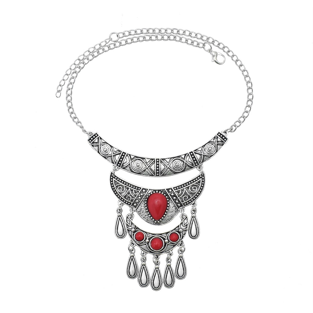 Gypsy Vintage Silver Metal Geometric Turquoise Red Blue Stone Pendant Necklace Suitable for Women Bohemian Ethnic Party Jewelry