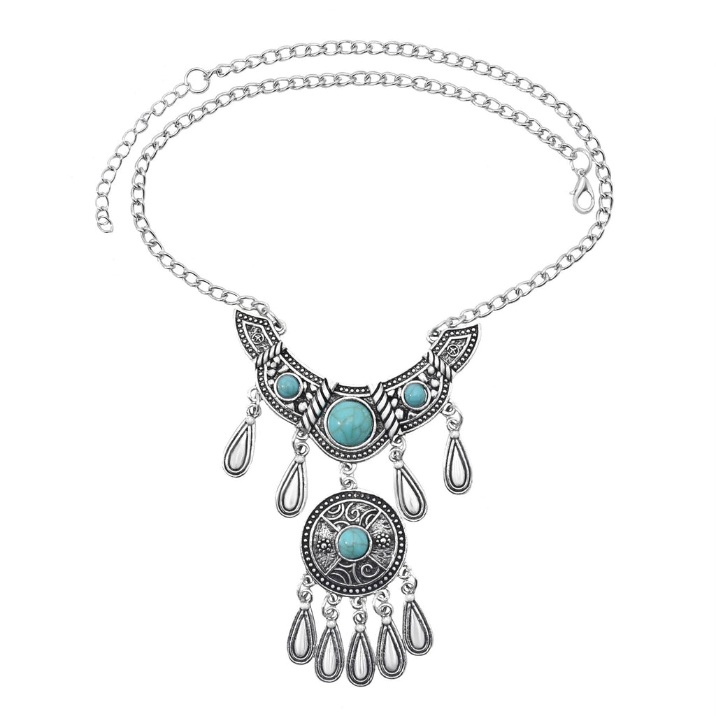 Gypsy Vintage Silver Metal Geometric Turquoise Red Blue Stone Pendant Necklace Suitable for Women Bohemian Ethnic Party Jewelry