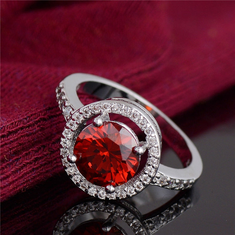 Noble design Jewelry Red Cubic Zirconia CZ stone Jewelry Silver Color Wedding Rings For women Gift size 6-10