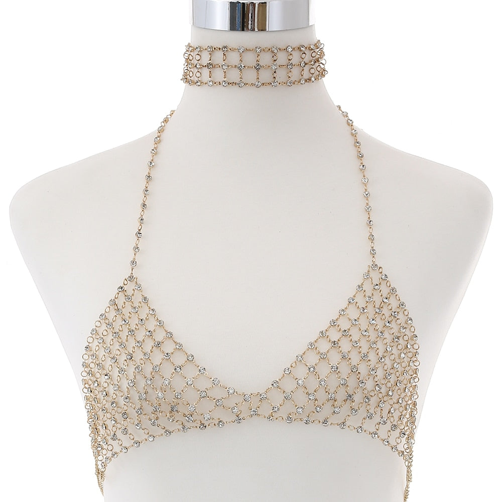 Sexy Body Chain With Rhinestone Bra Crystal Jewellery Chest For Orname