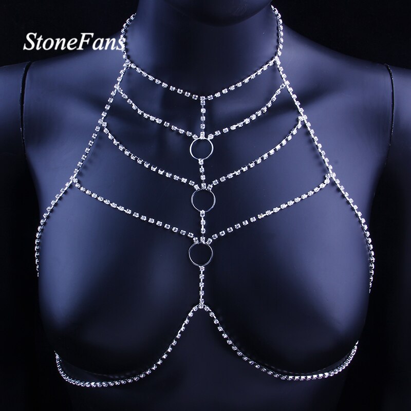 StoneFans Simple Circle Crystal Body Chain Sexy Breast Bra Harness Nec